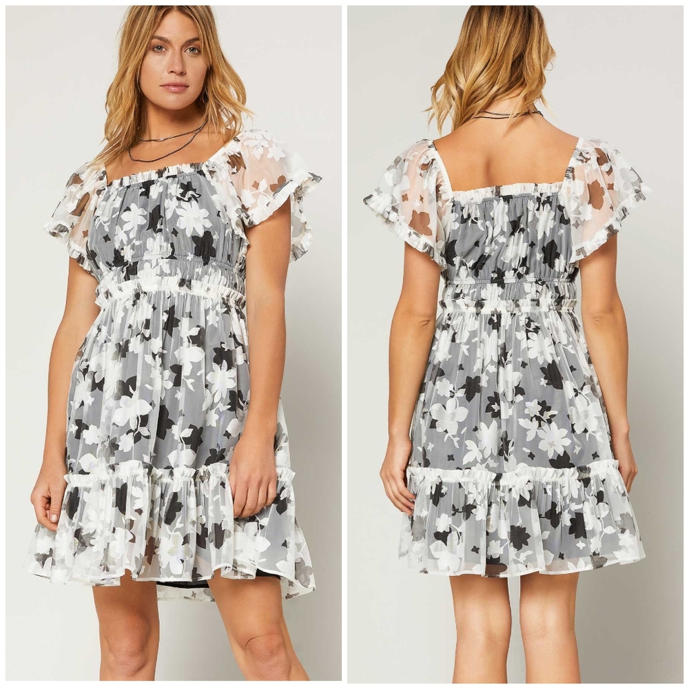 CURRENT AIR Anthro White Black Floral Short Dress - Picture 3 of 8
